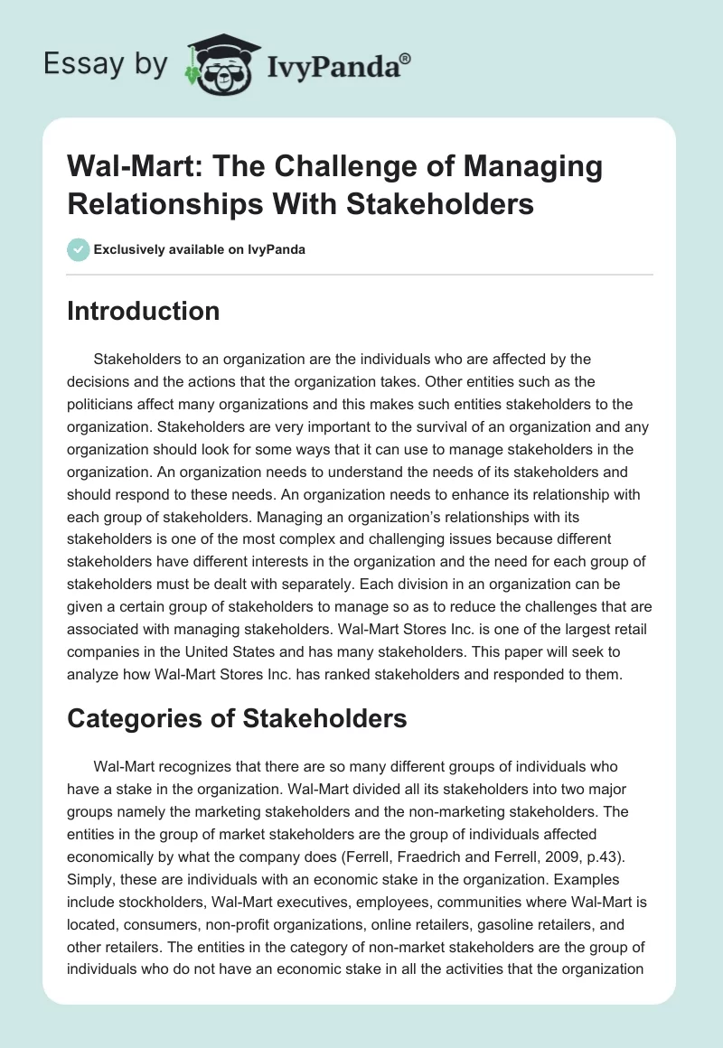 Wal-Mart: The Challenge of Managing Relationships With Stakeholders. Page 1