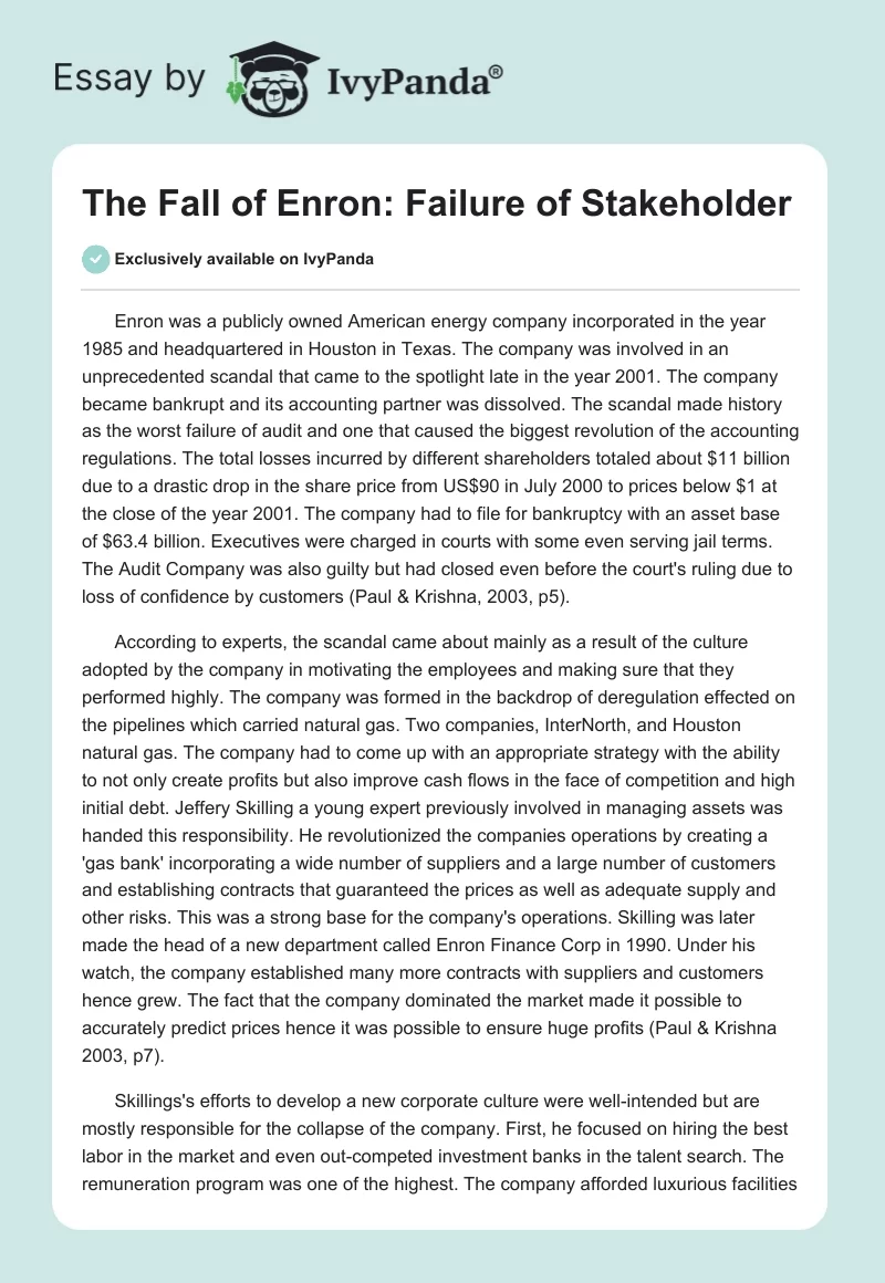 The Fall of Enron: Failure of Stakeholder. Page 1