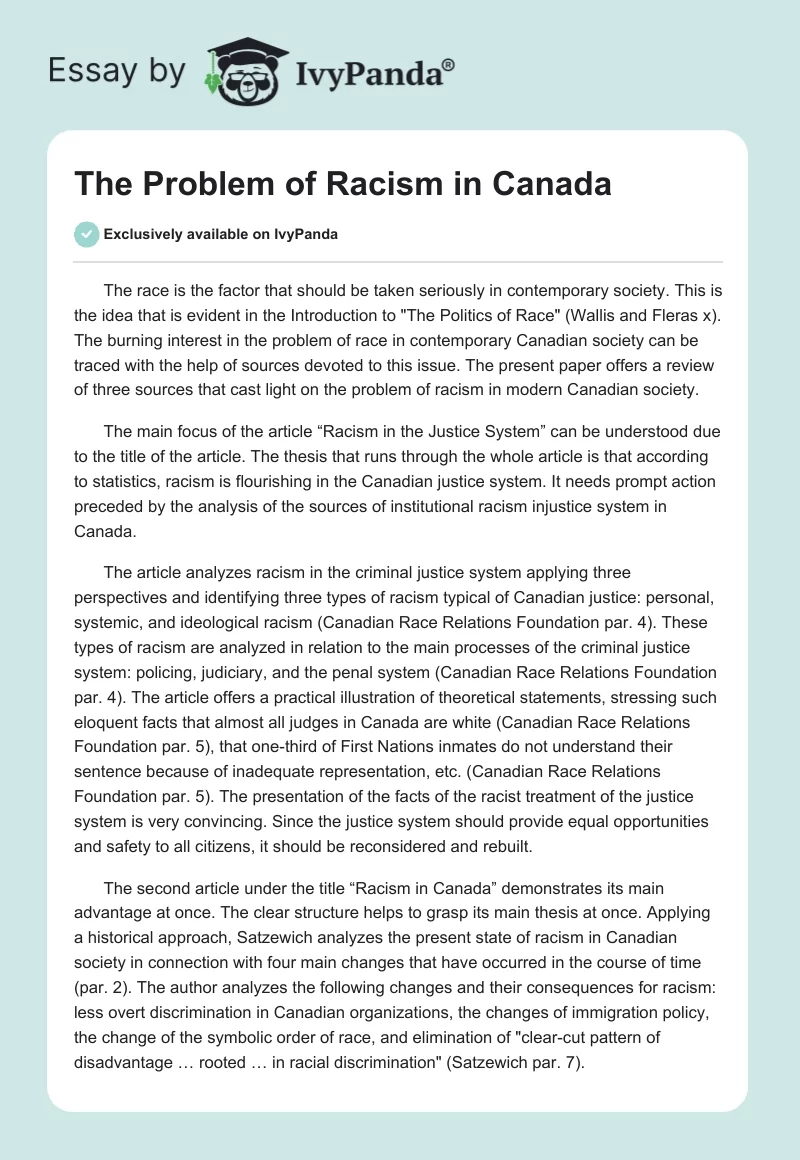 The Problem of Racism in Canada. Page 1
