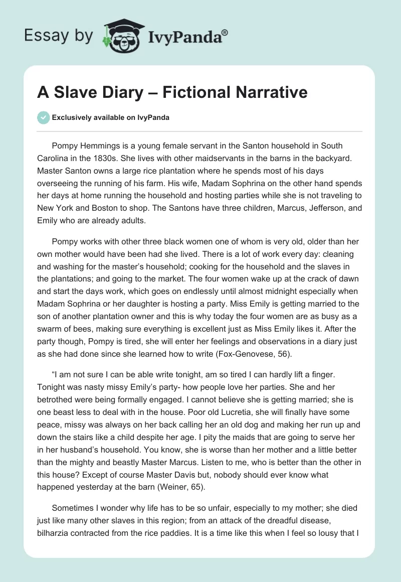 A Slave Diary – Fictional Narrative. Page 1