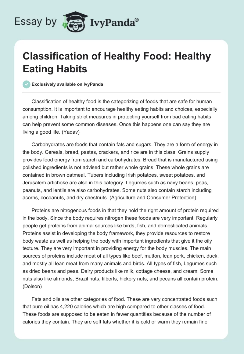 Classification of Healthy Food: Healthy Eating Habits. Page 1
