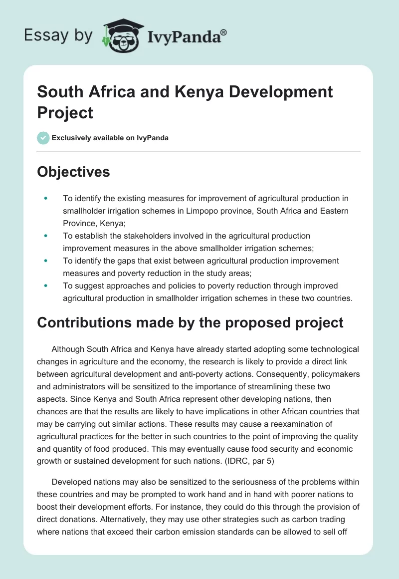 South Africa and Kenya Development Project. Page 1
