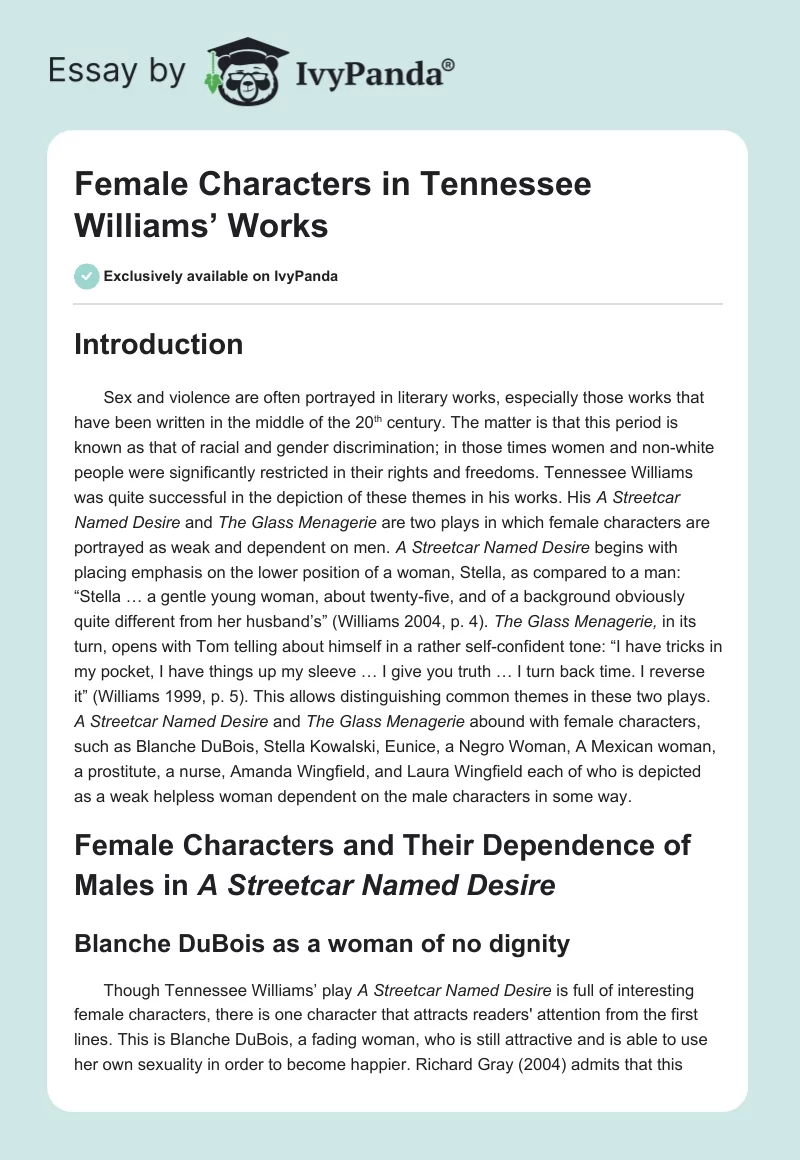 Female Characters in Tennessee Williams’ Works. Page 1