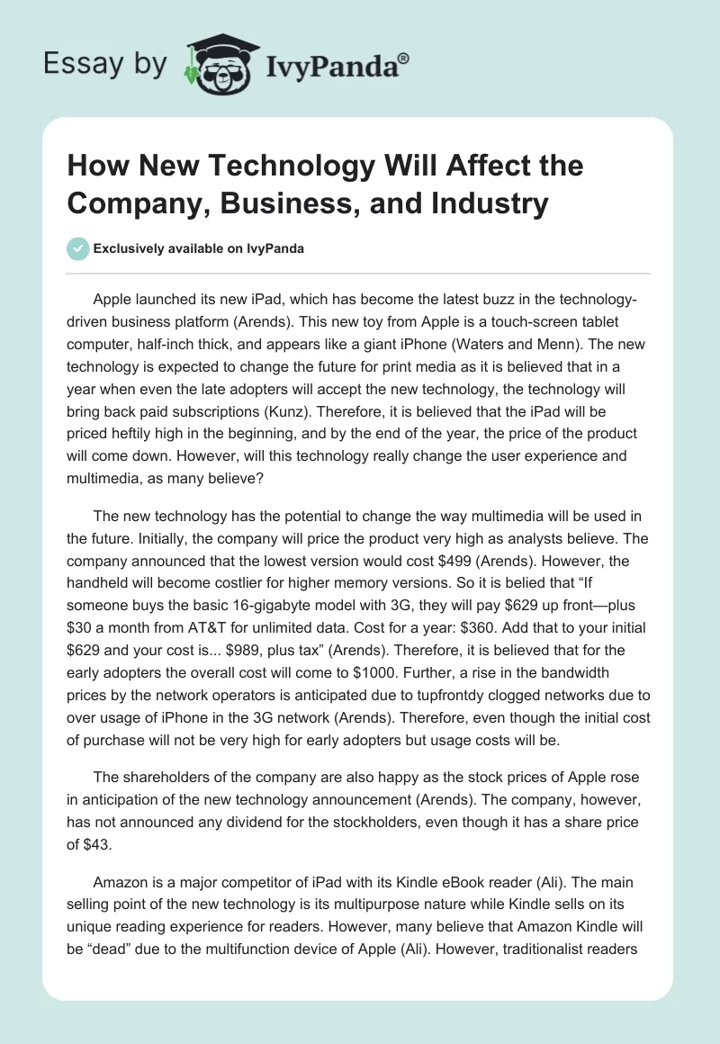 How New Technology Will Affect the Company, Business, and Industry. Page 1