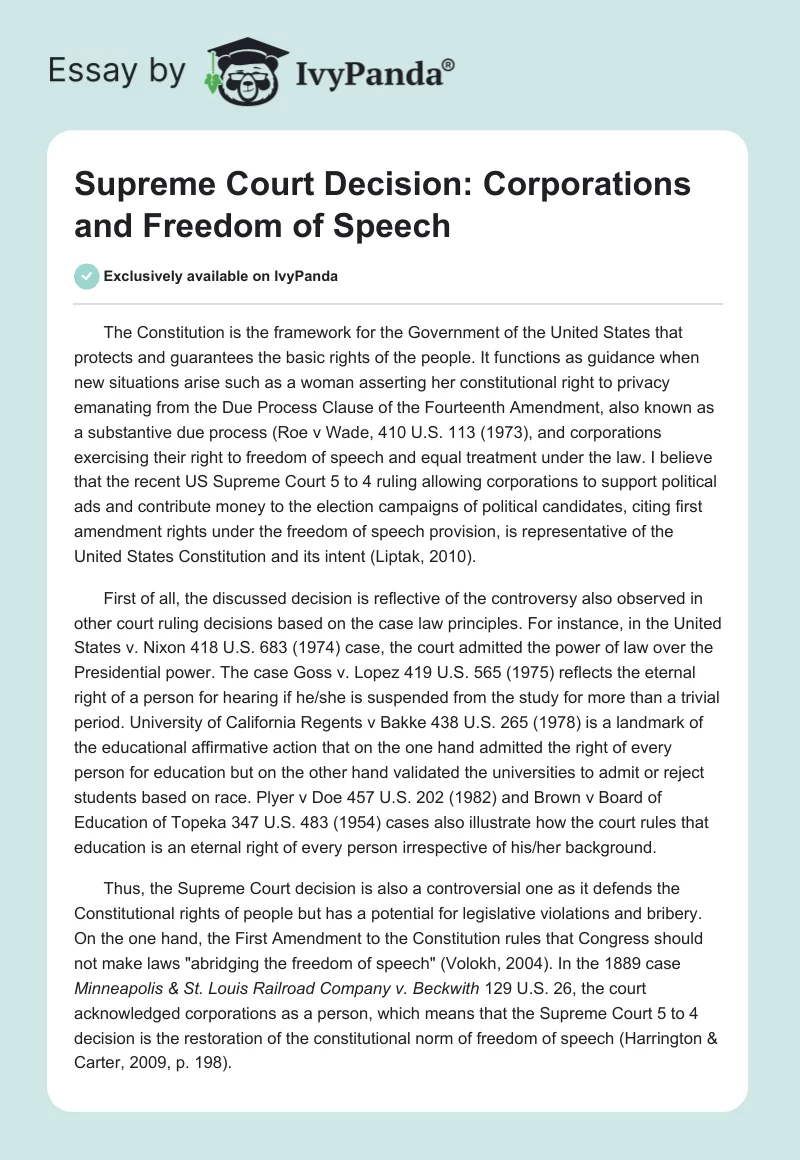 Supreme Court Decision: Corporations and Freedom of Speech. Page 1