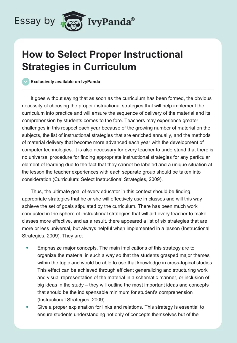 How to Select Proper Instructional Strategies in Curriculum. Page 1