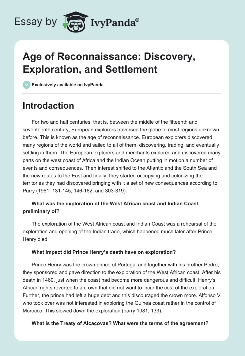 Age of Reconnaissance: Discovery, Exploration, and Settlement. Page 1