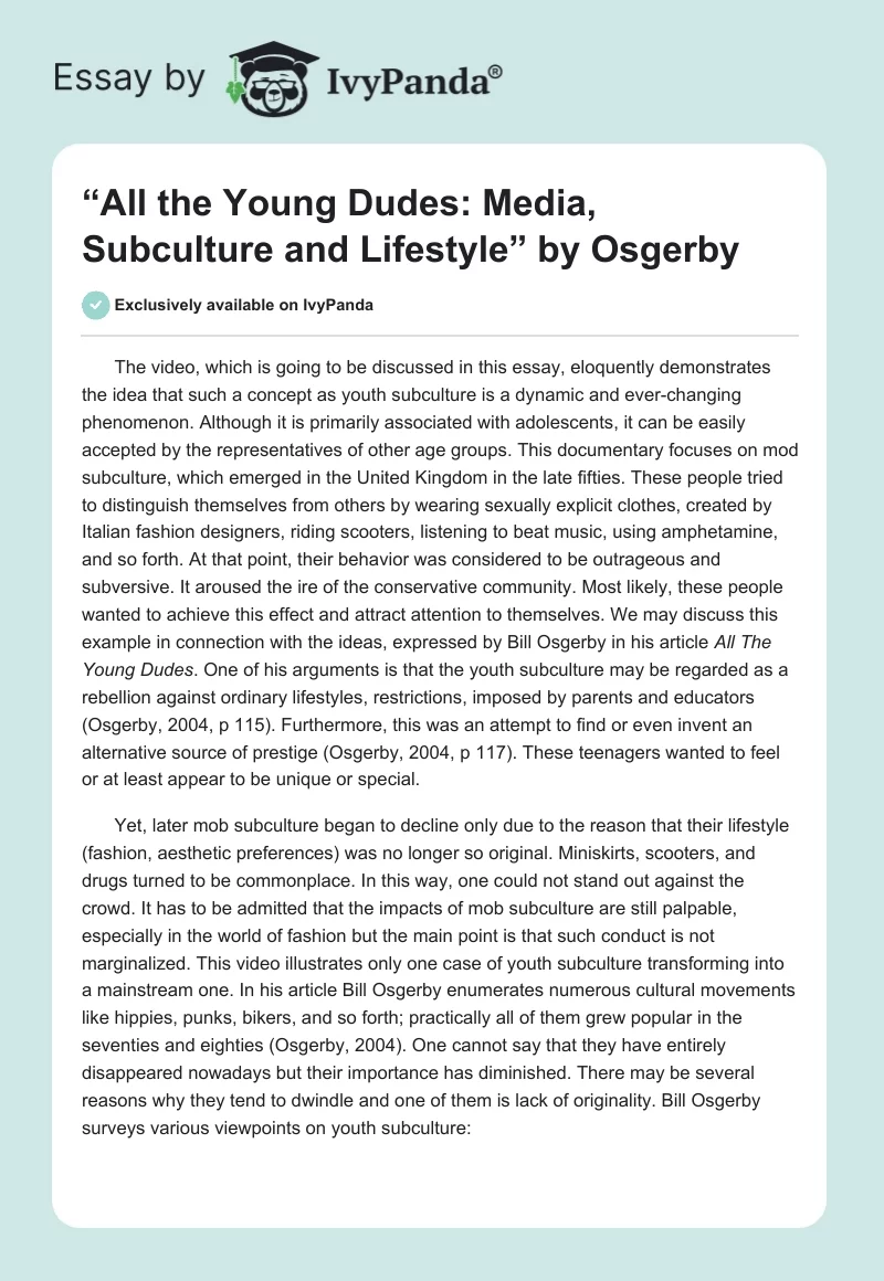 “All the Young Dudes: Media, Subculture and Lifestyle” by Osgerby. Page 1