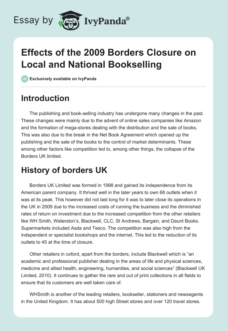 Effects of the 2009 Borders Closure on Local and National Bookselling. Page 1