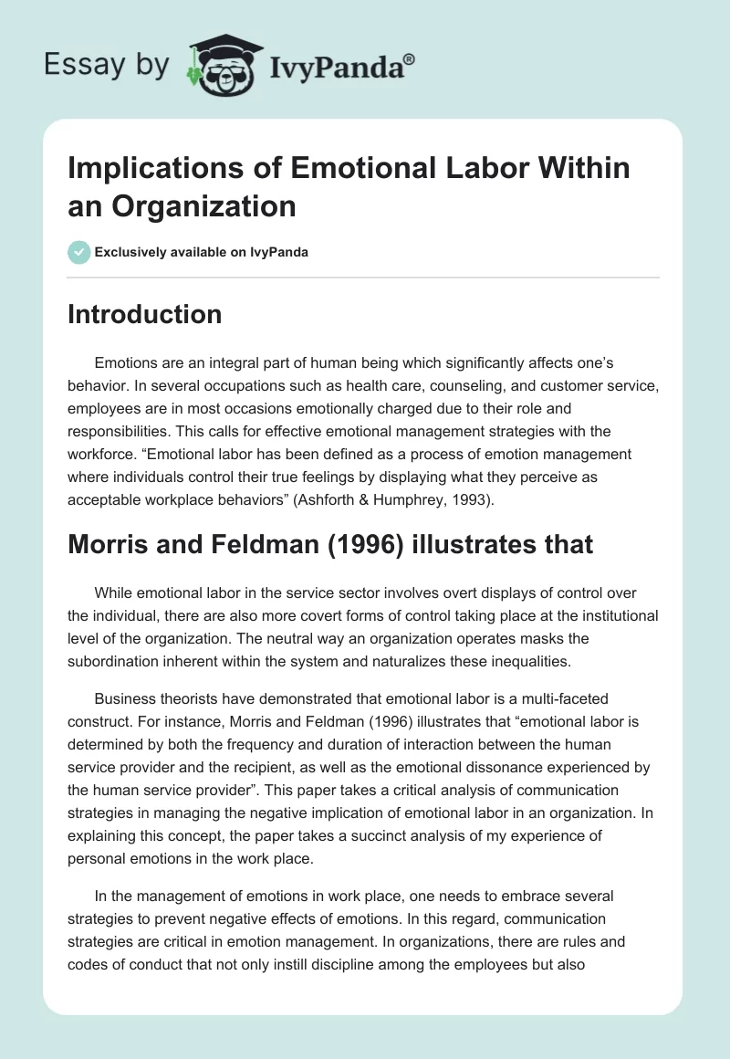 Implications of Emotional Labor Within an Organization. Page 1