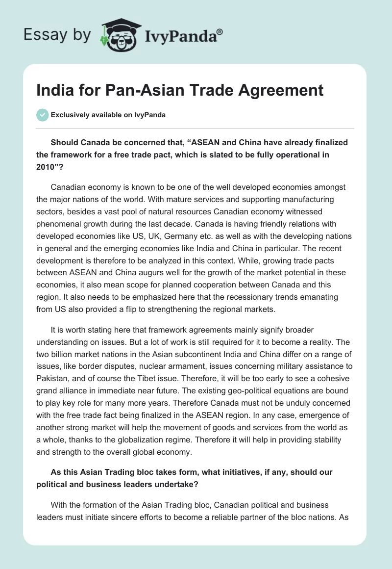 India for Pan-Asian Trade Agreement. Page 1