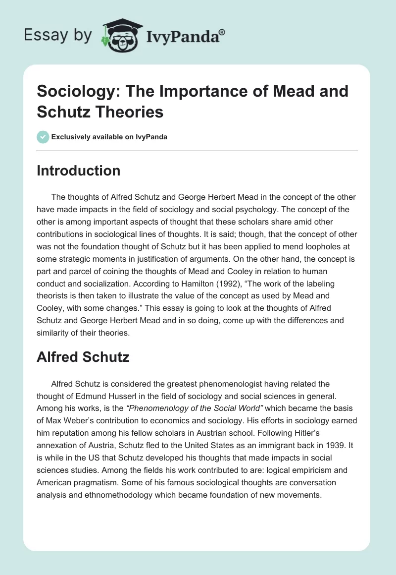 Sociology: The Importance of Mead and Schutz Theories. Page 1