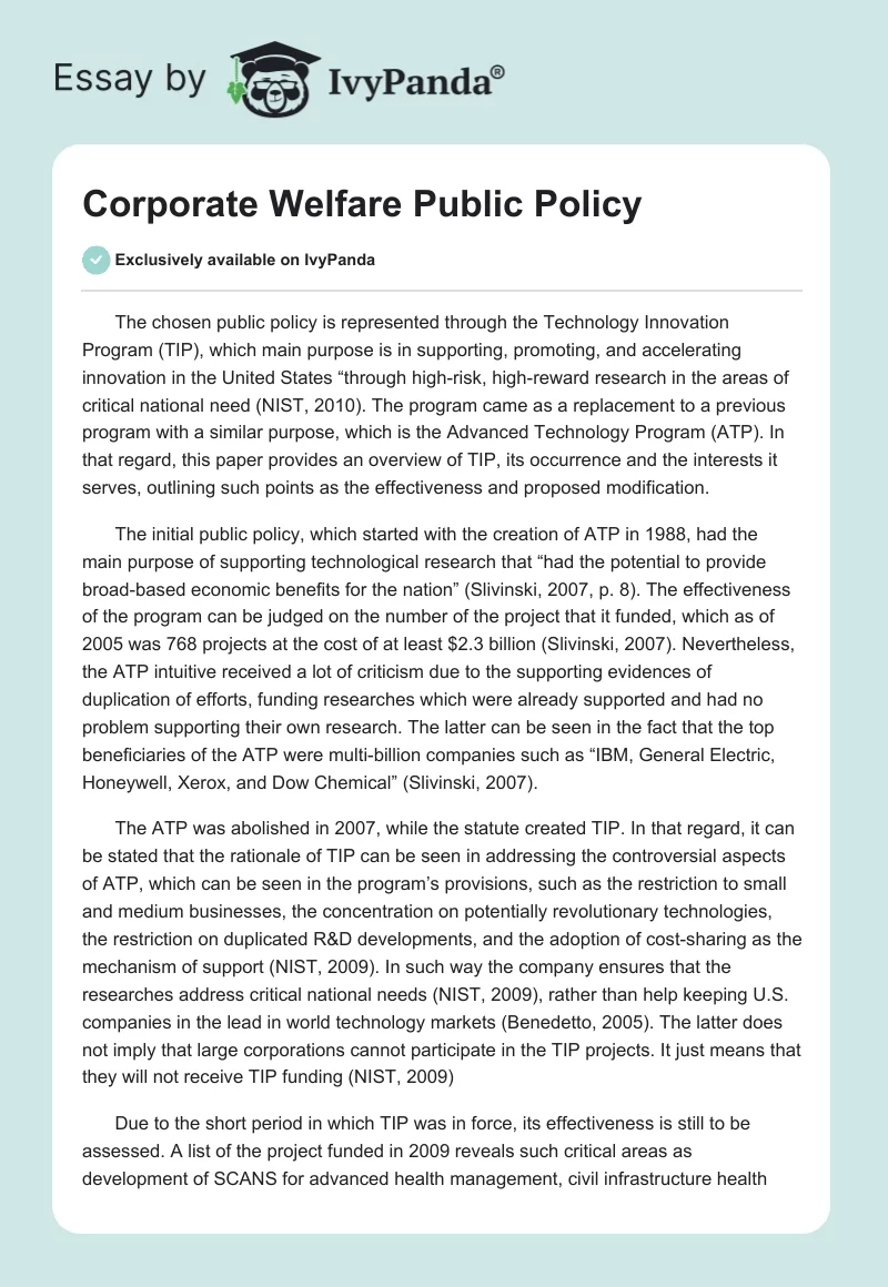 Corporate Welfare Public Policy. Page 1