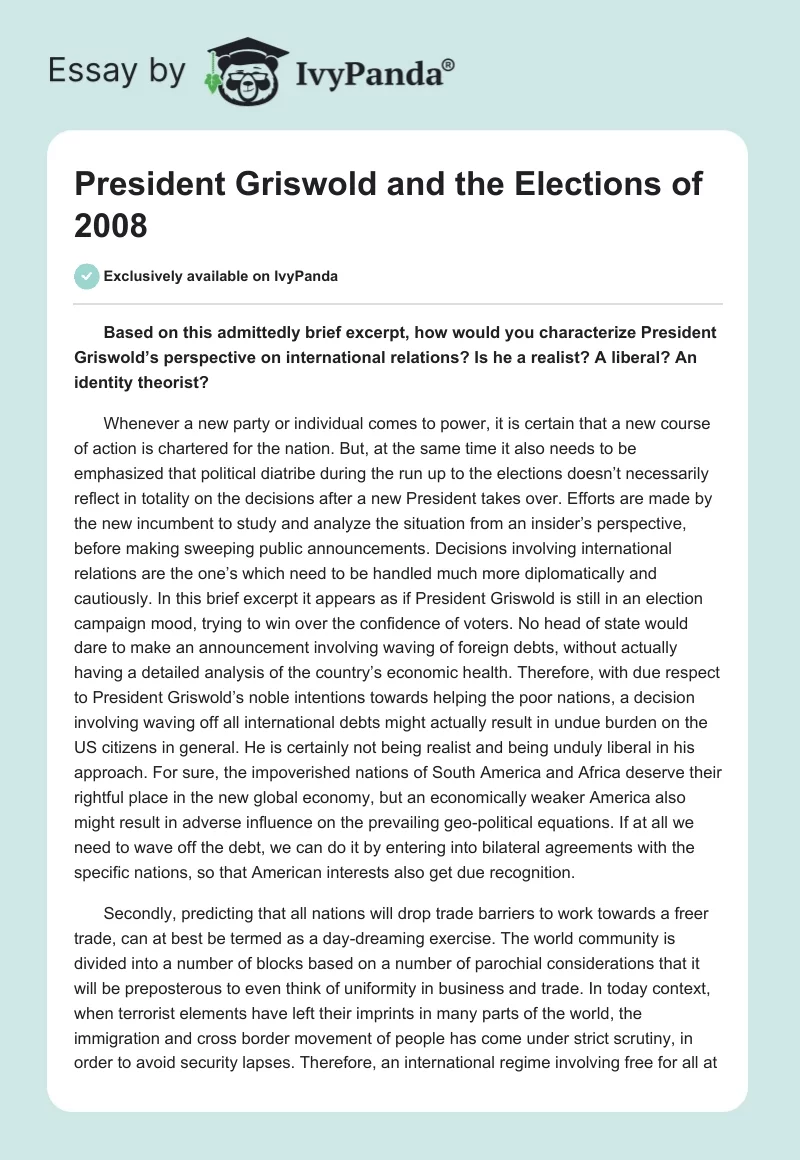 President Griswold and the Elections of 2008. Page 1