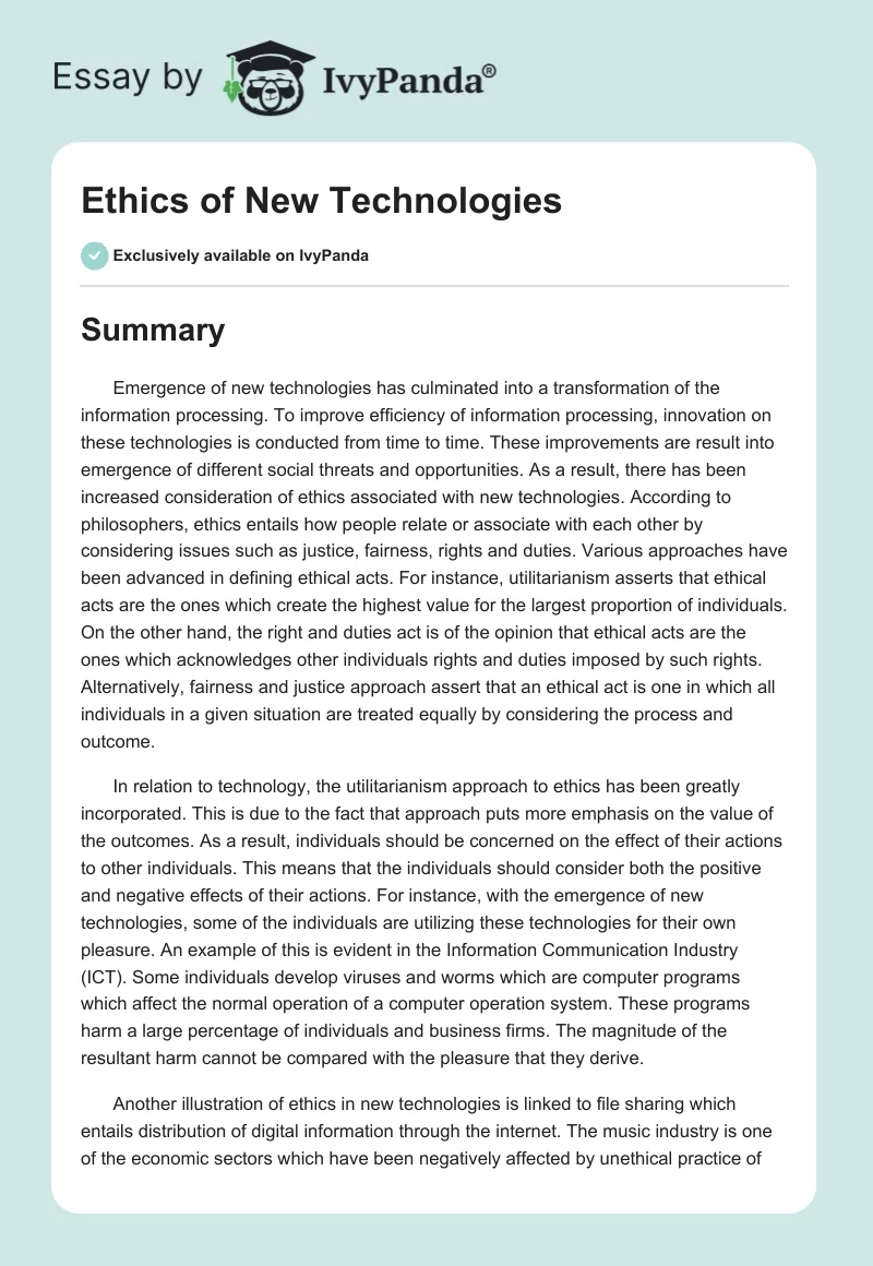 Ethics of New Technologies. Page 1