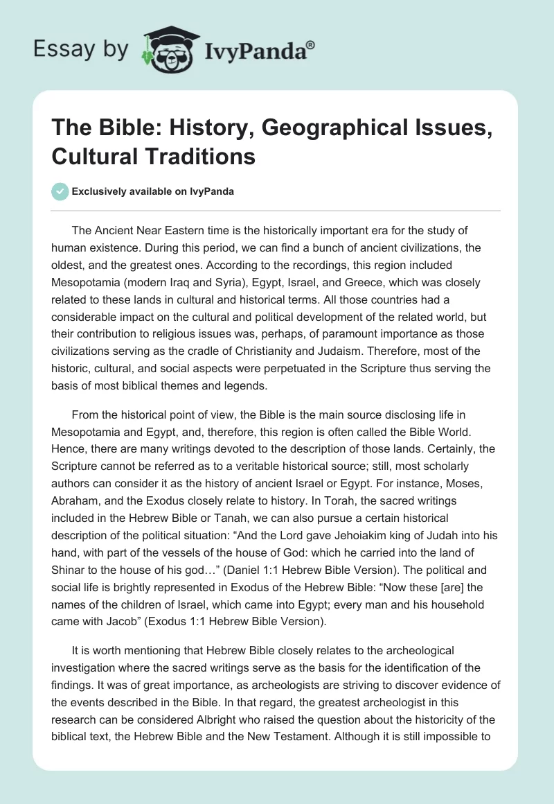 The Bible: History, Geographical Issues, Cultural Traditions. Page 1