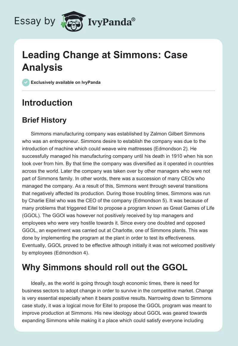 Leading Change at Simmons: Case Analysis - 590 Words | Essay Example
