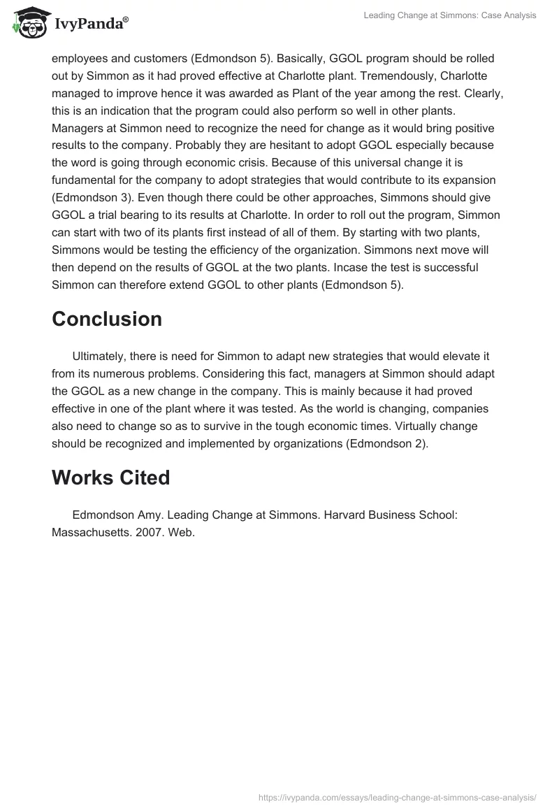 Leading Change at Simmons: Case Analysis. Page 2