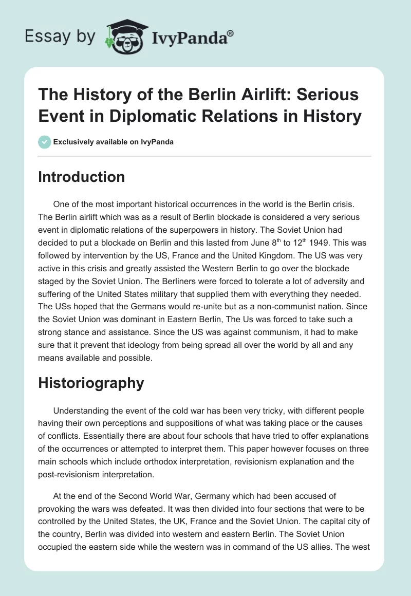 The History of the Berlin Airlift: Serious Event in Diplomatic Relations in History. Page 1