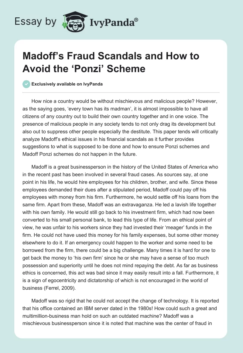 Madoff’s Fraud Scandals and How to Avoid the ‘Ponzi’ Scheme. Page 1