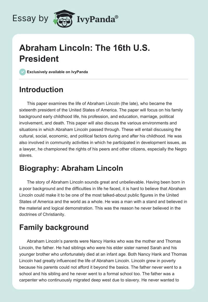 Abraham Lincoln: The 16th U.S. President. Page 1