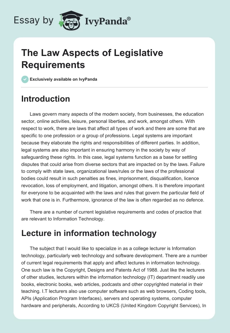 The Law Aspects of Legislative Requirements. Page 1