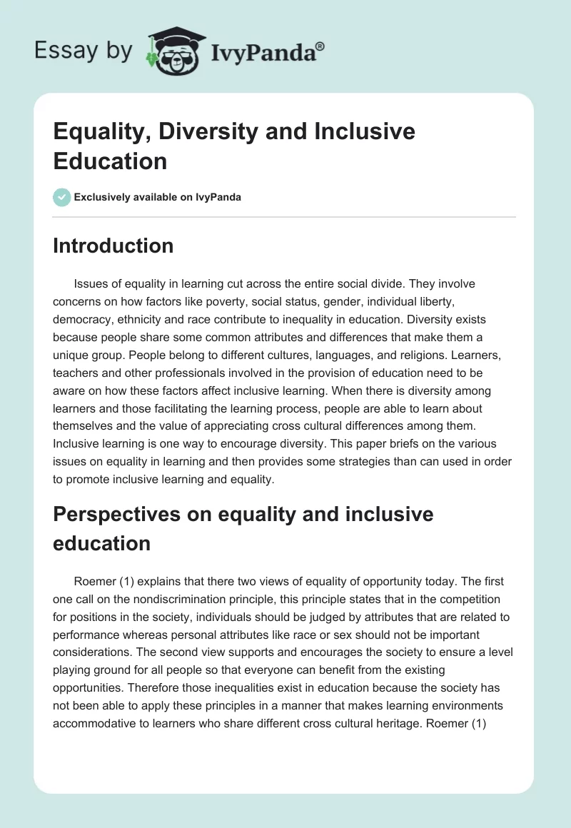 Equality, Diversity and Inclusive Education. Page 1