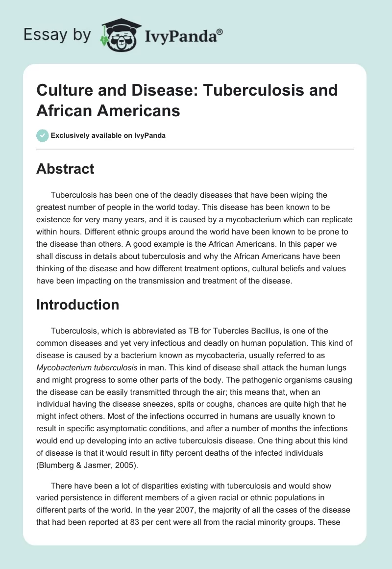 Culture and Disease: Tuberculosis and African Americans. Page 1
