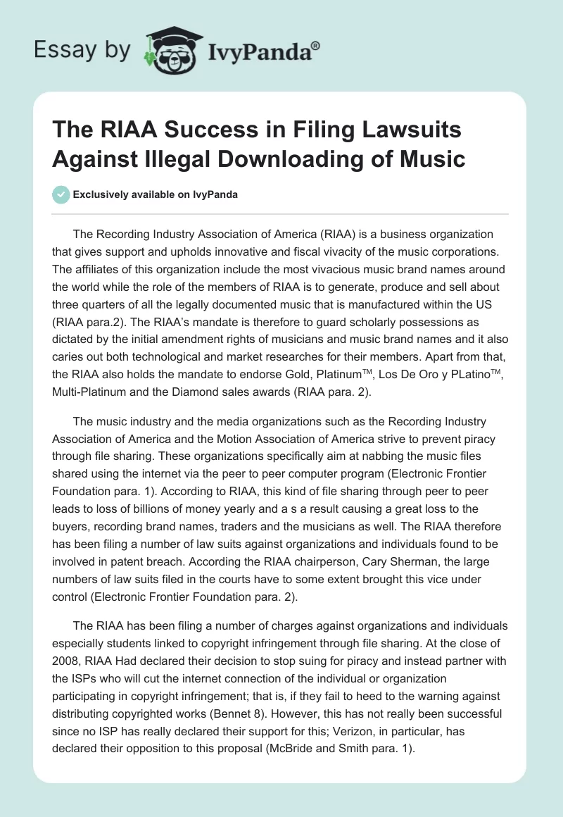 The RIAA Success in Filing Lawsuits Against Illegal Downloading of Music. Page 1