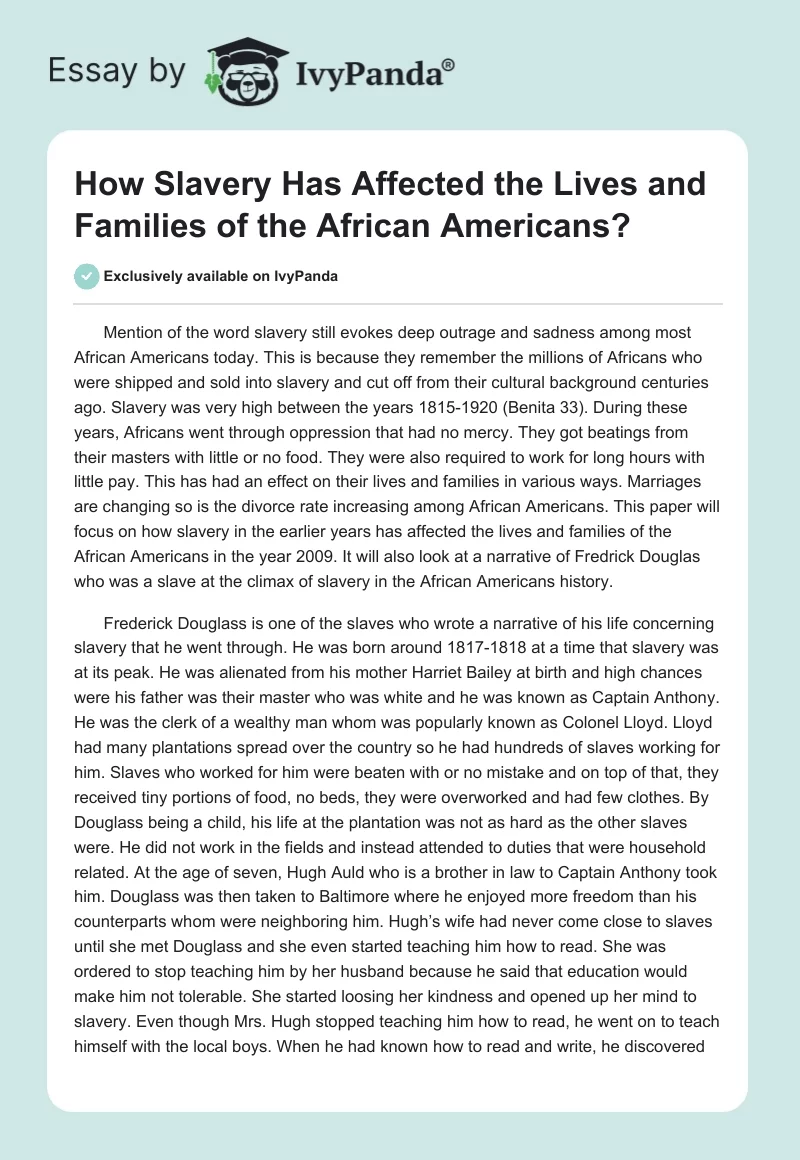 How Slavery Has Affected the Lives and Families of the African Americans?. Page 1