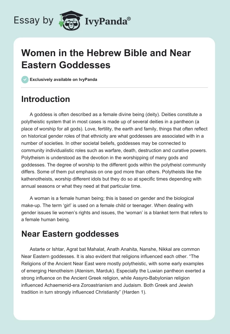 Women in the Hebrew Bible and Near Eastern Goddesses. Page 1