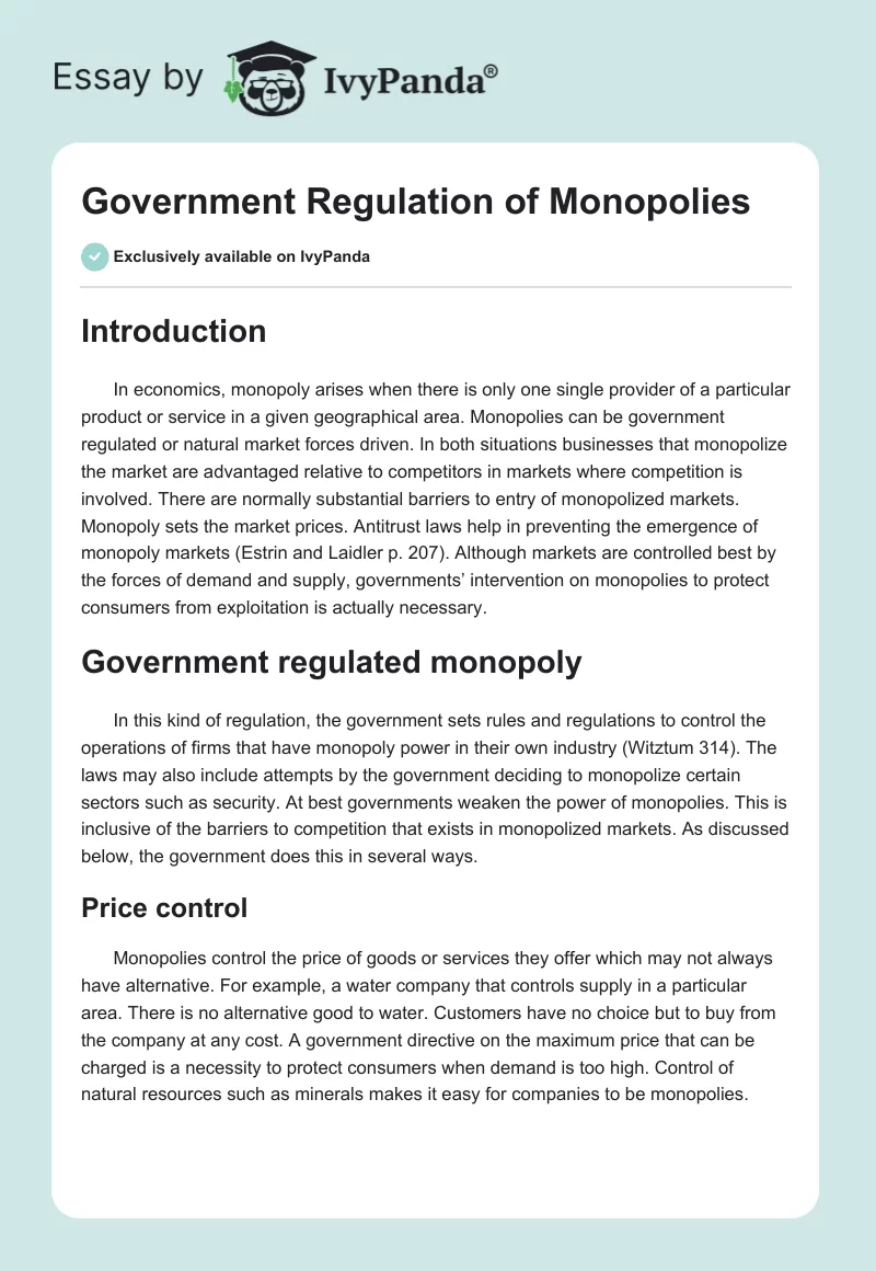 Government Regulation of Monopolies. Page 1