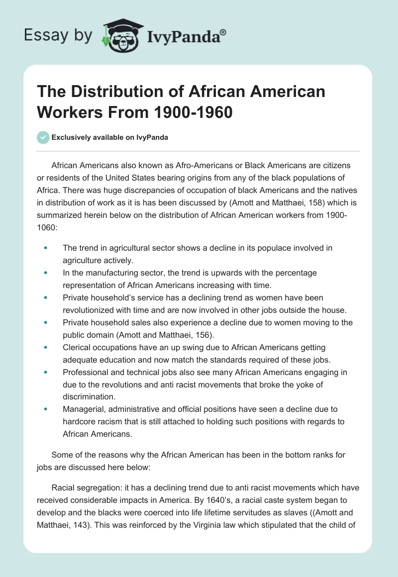 The Distribution of African American Workers From 1900-1960. Page 1