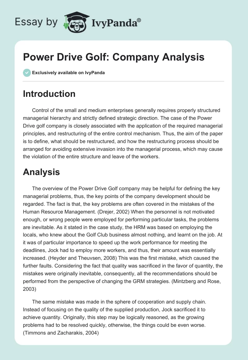 Power Drive Golf: Company Analysis. Page 1