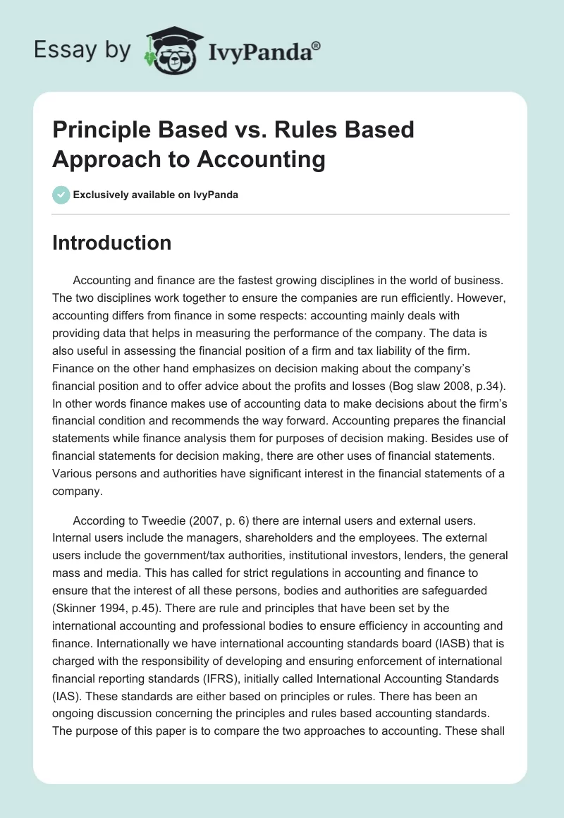 Principle Based vs. Rules Based Approach to Accounting. Page 1