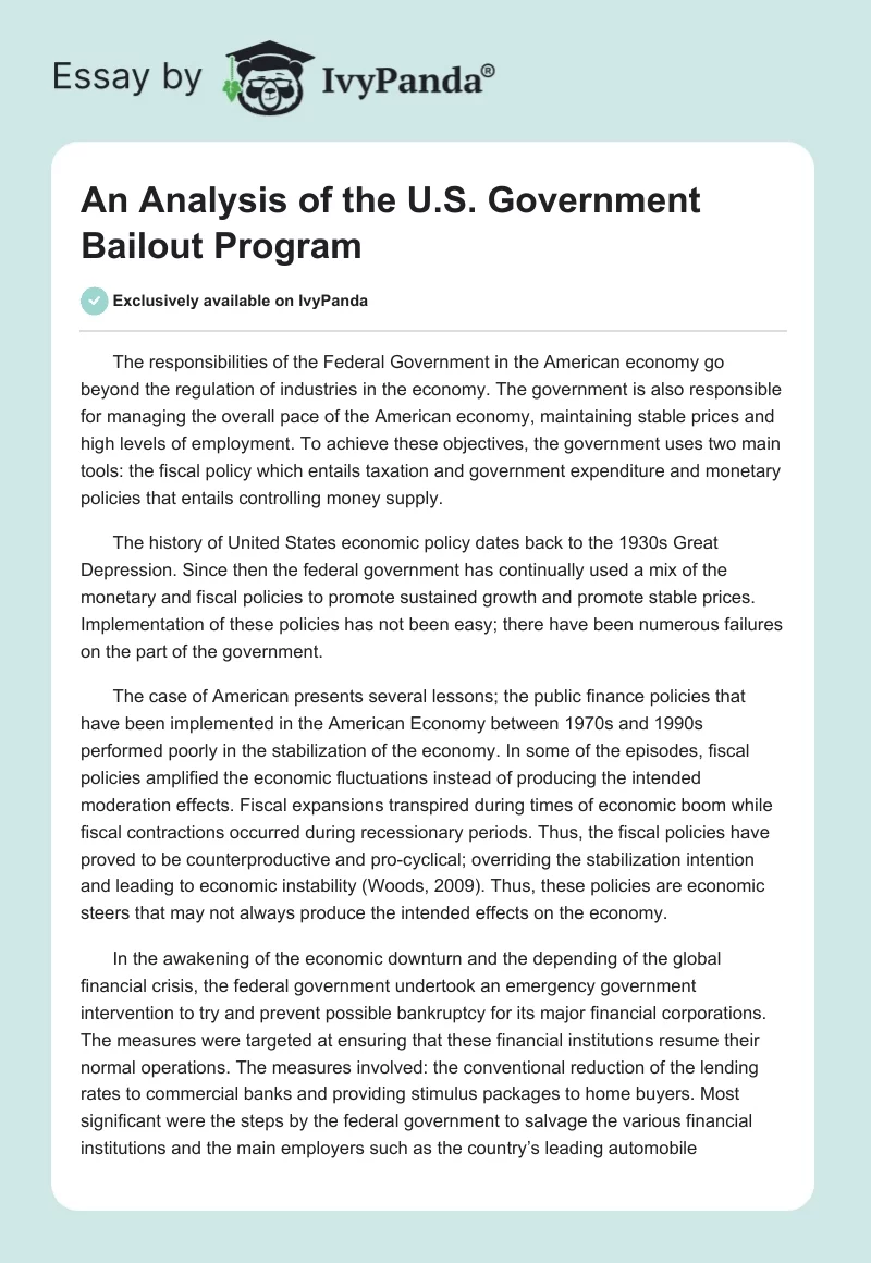An Analysis of the U.S. Government Bailout Program. Page 1