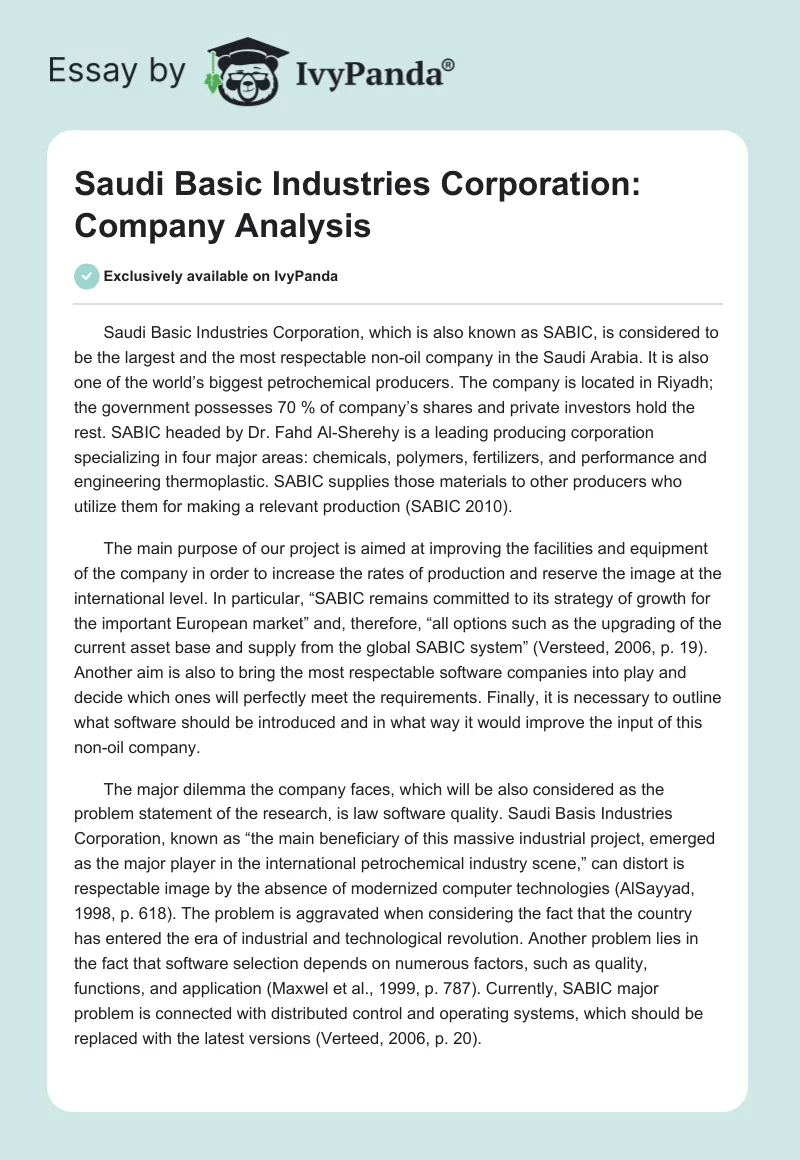 Saudi Basic Industries Corporation: Company Analysis. Page 1
