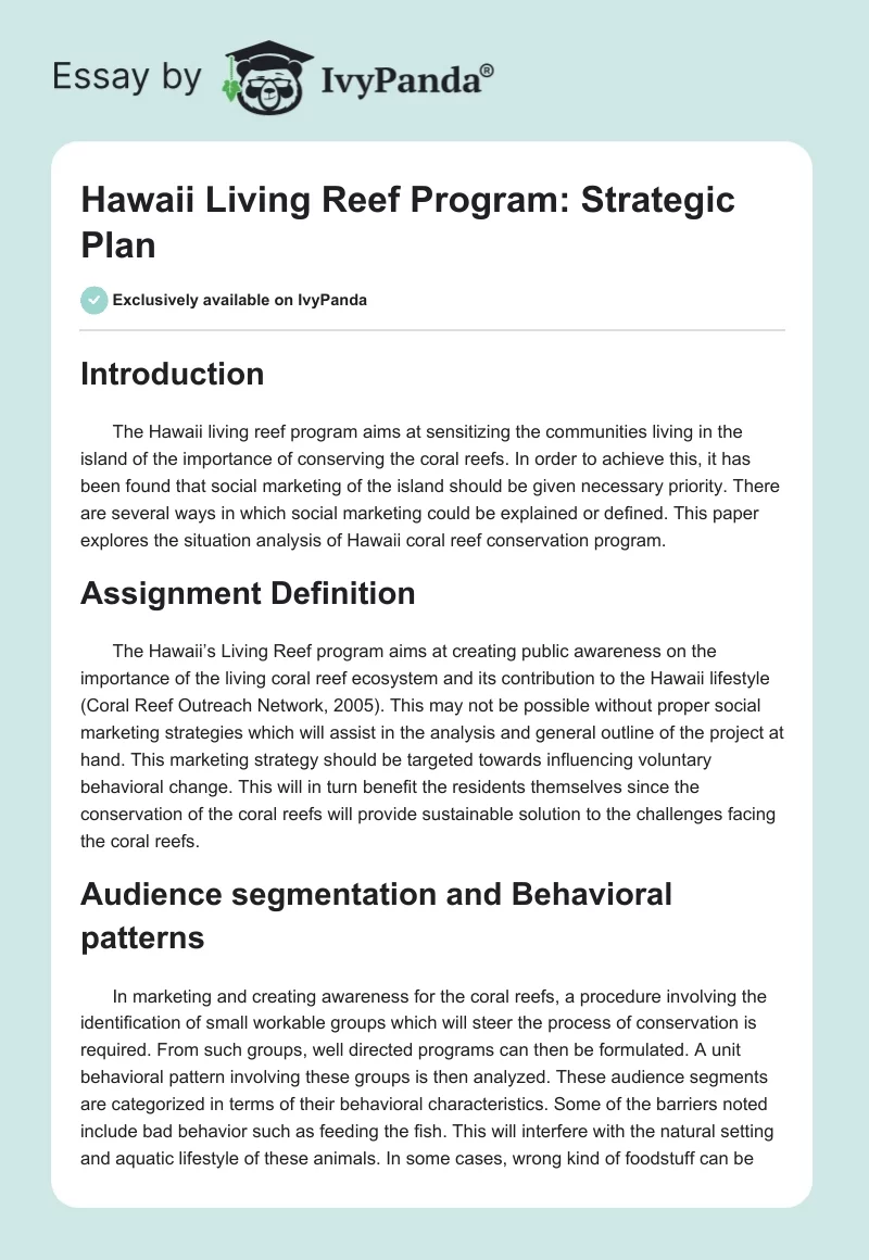 Hawaii Living Reef Program: Strategic Plan. Page 1