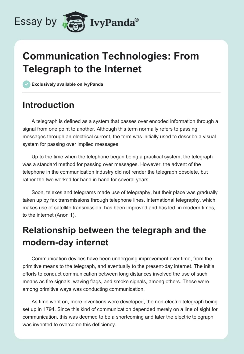Communication Technologies: From Telegraph to the Internet. Page 1