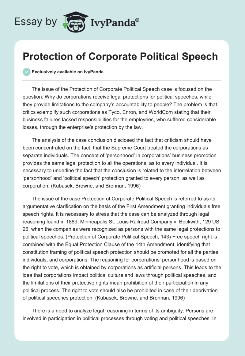 Protection of Corporate Political Speech. Page 1