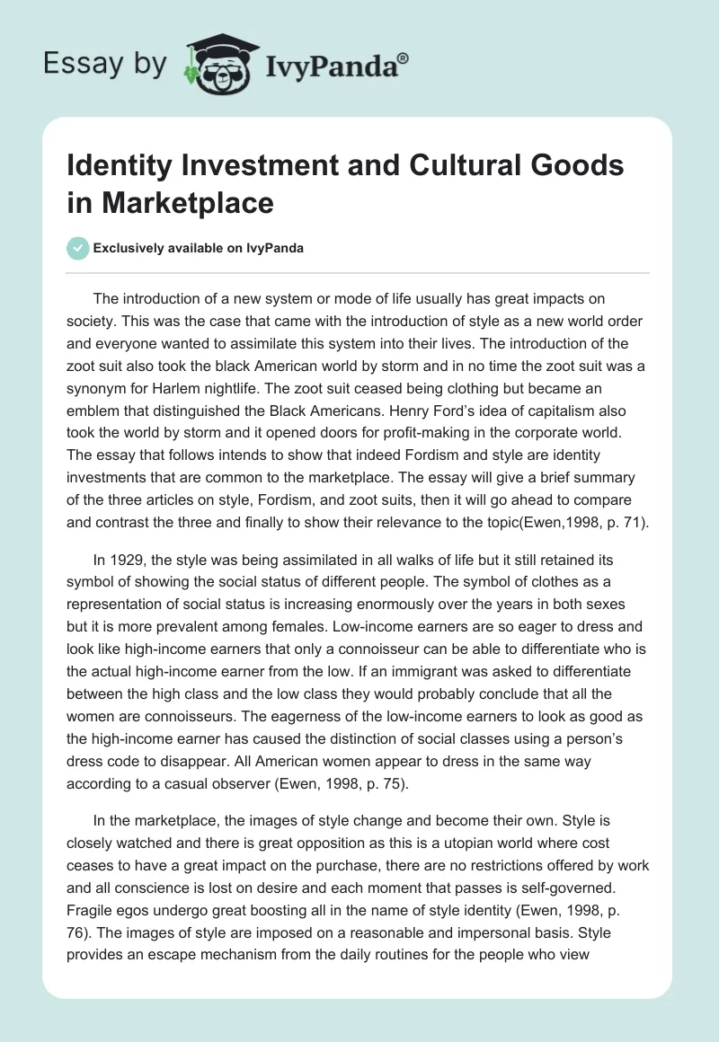Identity Investment and Cultural Goods in Marketplace. Page 1