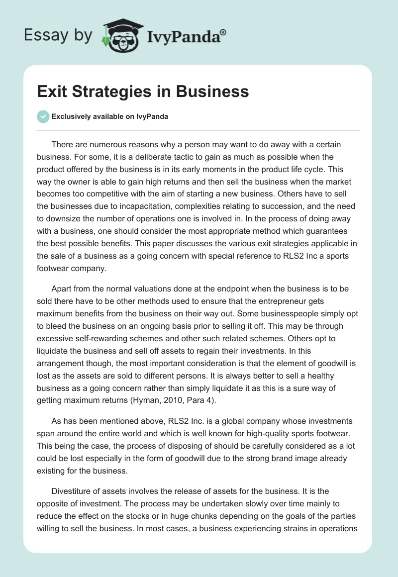 Exit Strategies in Business. Page 1