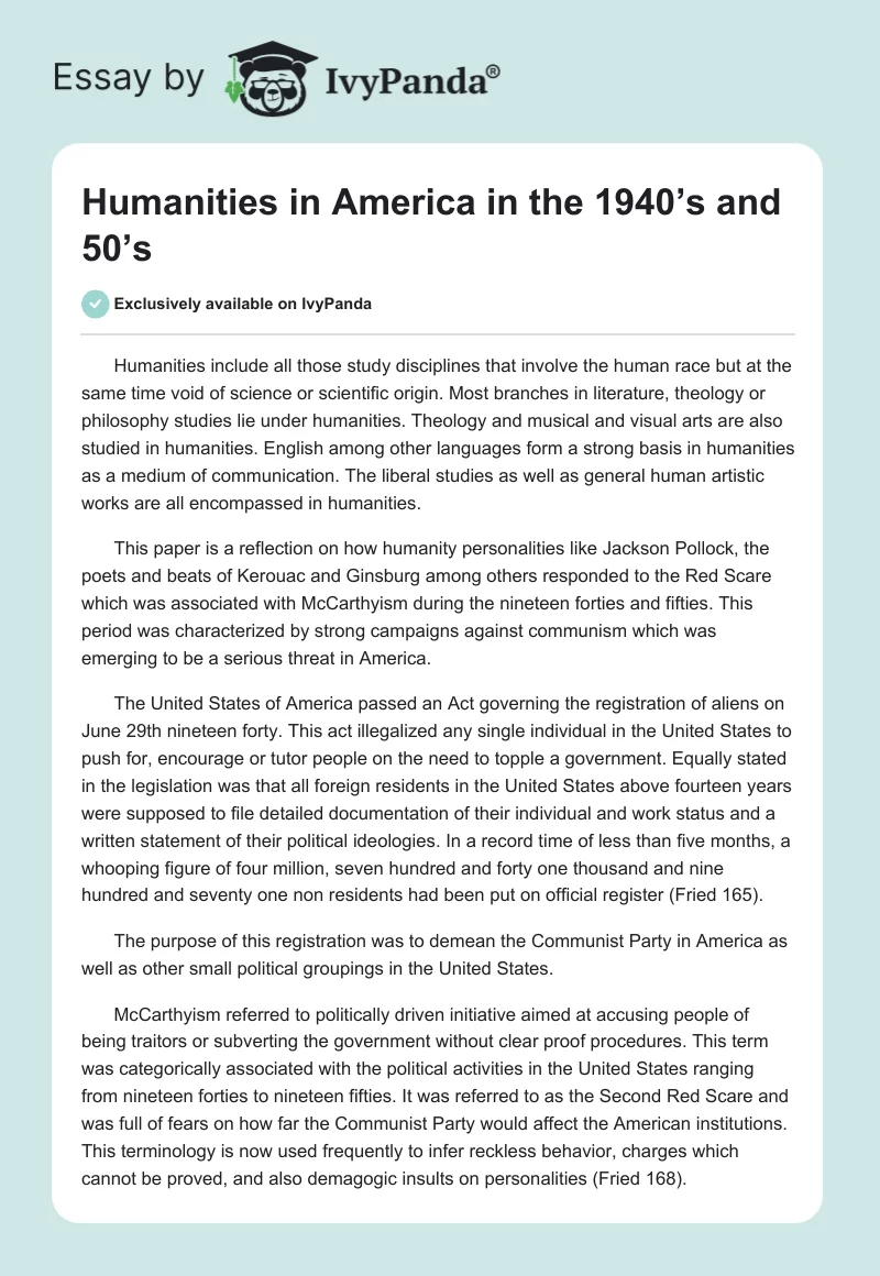 Humanities in America in the 1940’s and 50’s. Page 1