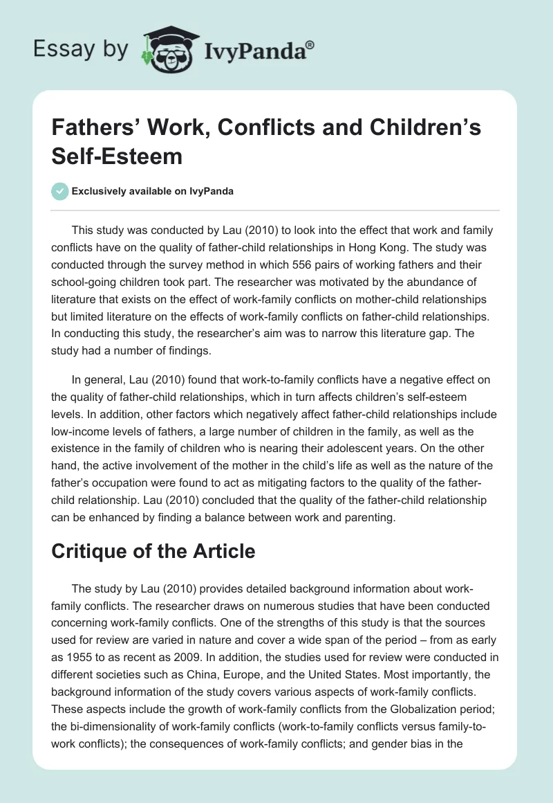 Fathers’ Work, Conflicts and Children’s Self-Esteem. Page 1
