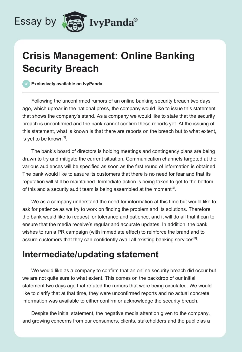 Crisis Management: Online Banking Security Breach. Page 1