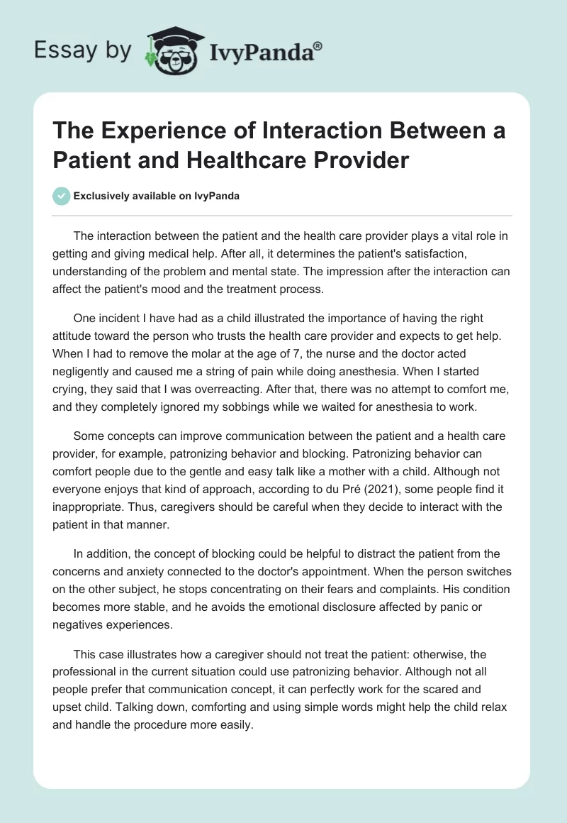 The Experience of Interaction Between a Patient and Healthcare Provider. Page 1