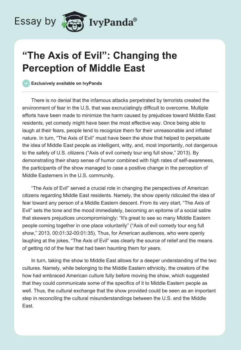 “The Axis of Evil”: Changing the Perception of Middle East. Page 1