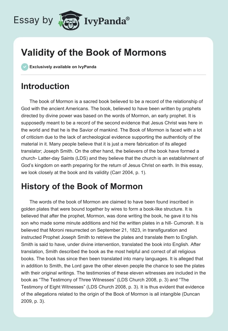 Validity of the Book of Mormons. Page 1