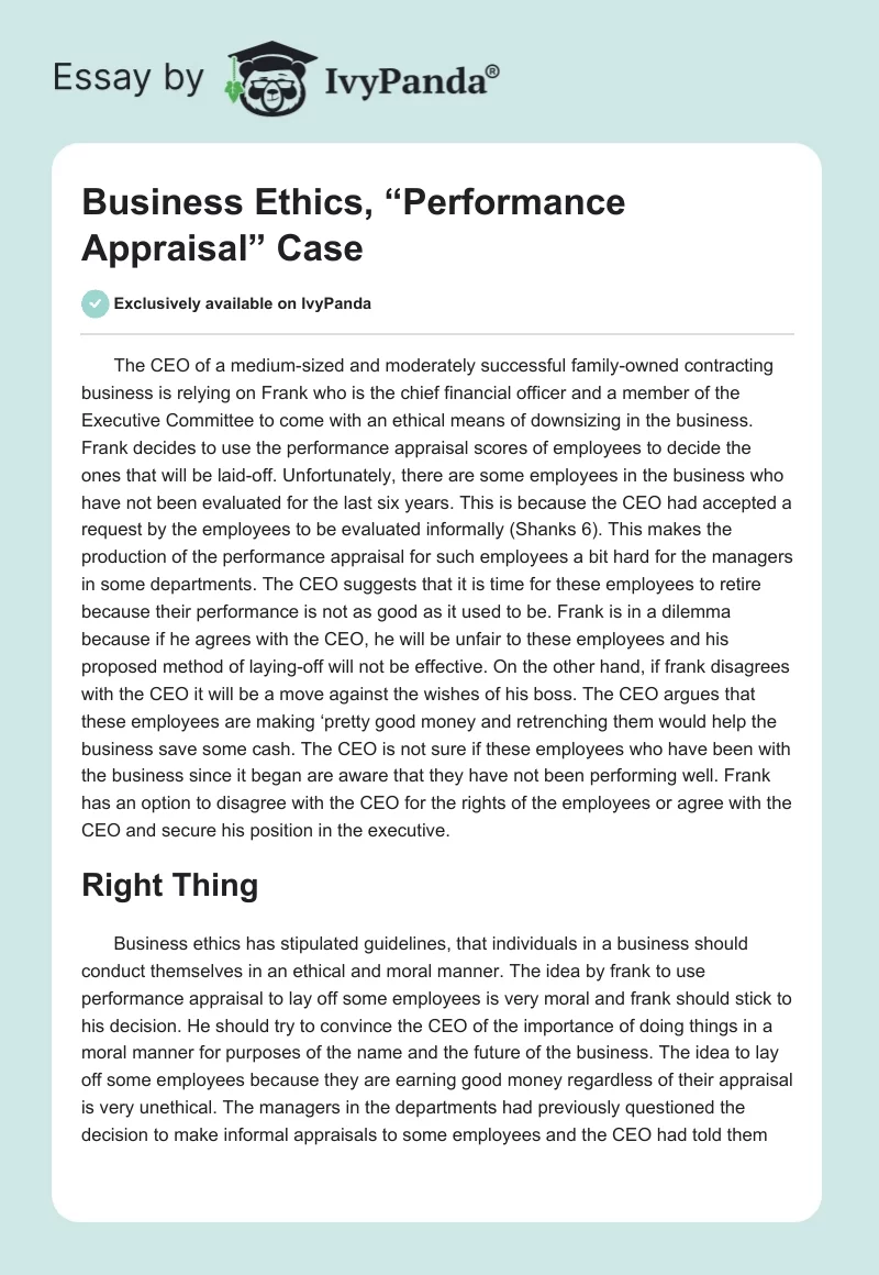 Business Ethics, “Performance Appraisal” Case. Page 1