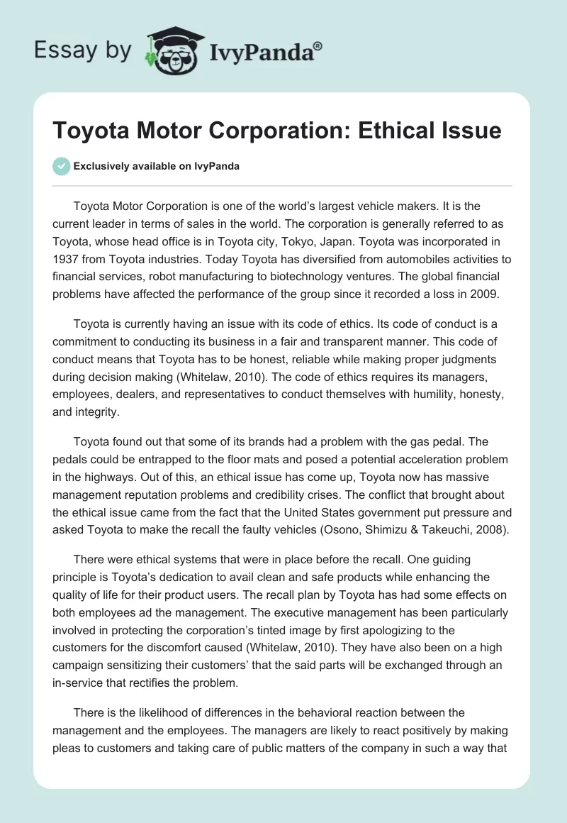 Toyota Motor Corporation: Ethical Issue. Page 1